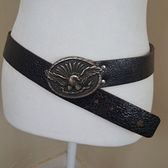 Eagle Belt Buckle Made in Italy with Leather Brown Belt 36in Vintage - Picture 2 of 13